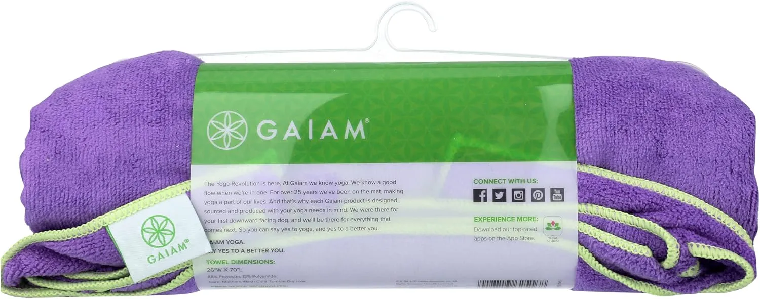 Gaiam Yoga Towel - Mat Sized Active Dry Non Slip Moisture Wicking Sweat Absorbent Microfiber Hot Yoga Towel for Women & Men | Stay-Put Corner Pockets (70" Long x 26" Wide)