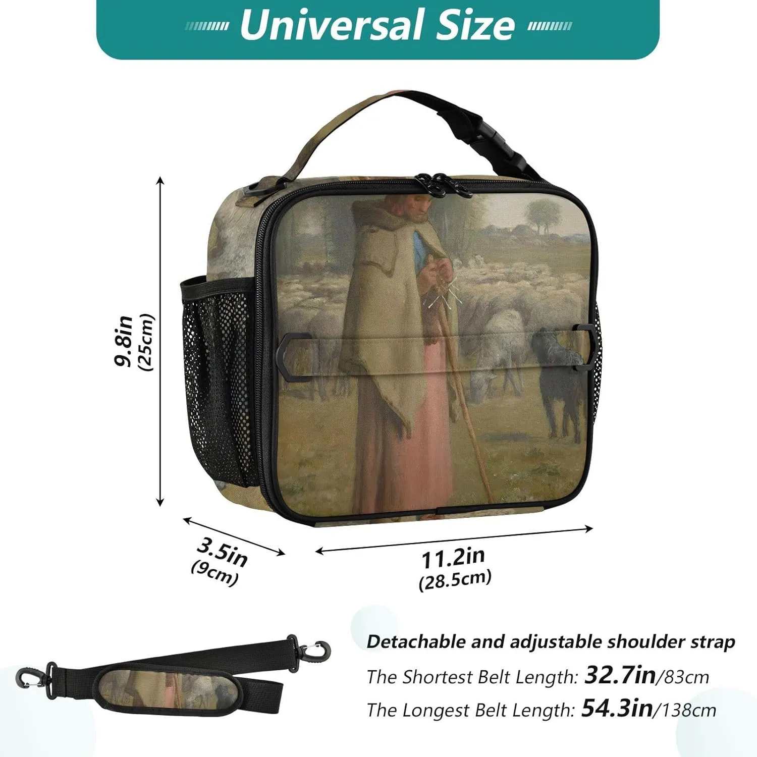 GAIGEO Personalized Shepherdess Francois Millet Prints Lunch Box for Women Girls Lunch Bag Adjustable Shoulder Strap Mens Kids Lunchbox for Work Pink Cute Insulated Bag