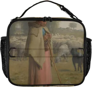 GAIGEO Personalized Shepherdess Francois Millet Prints Lunch Box for Women Girls Lunch Bag Adjustable Shoulder Strap Mens Kids Lunchbox for Work Pink Cute Insulated Bag