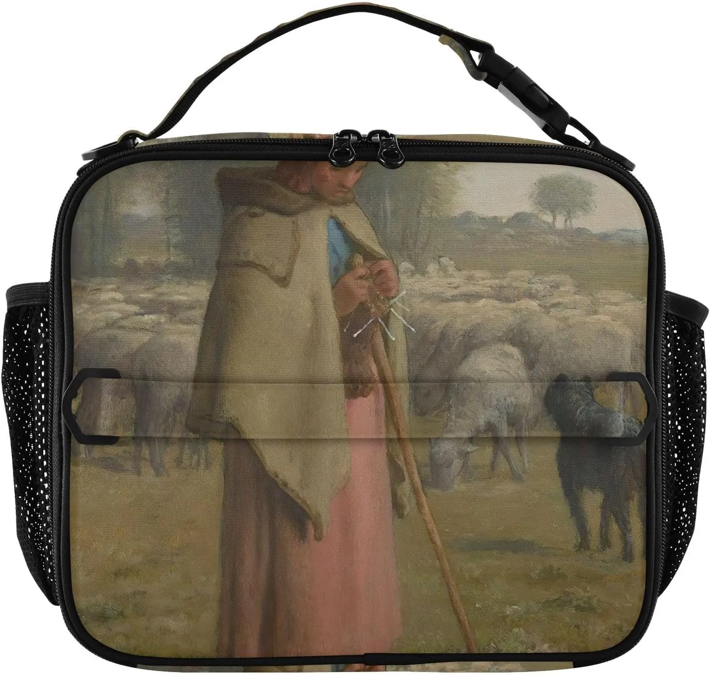 GAIGEO Personalized Shepherdess Francois Millet Prints Lunch Box for Women Girls Lunch Bag Adjustable Shoulder Strap Mens Kids Lunchbox for Work Pink Cute Insulated Bag