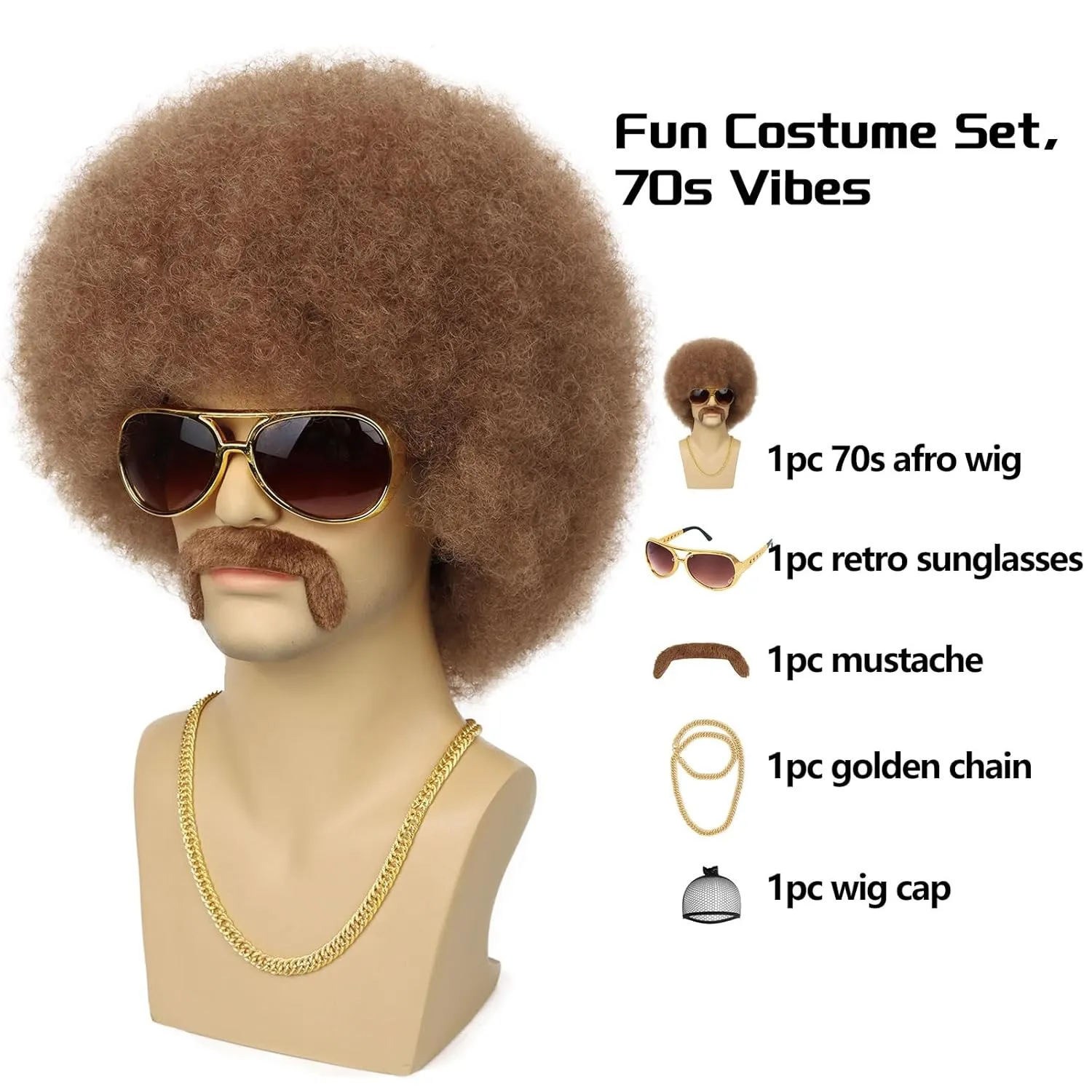 G&T Wig 70s Afro Wig for Men with Glasses Chain and Mustache Mens Costume Disco Wig Short Curly Natural Brown Hair Fluffy Synthetic Funny Wig for Party Halloween Hippies Rocker（Light Brown）