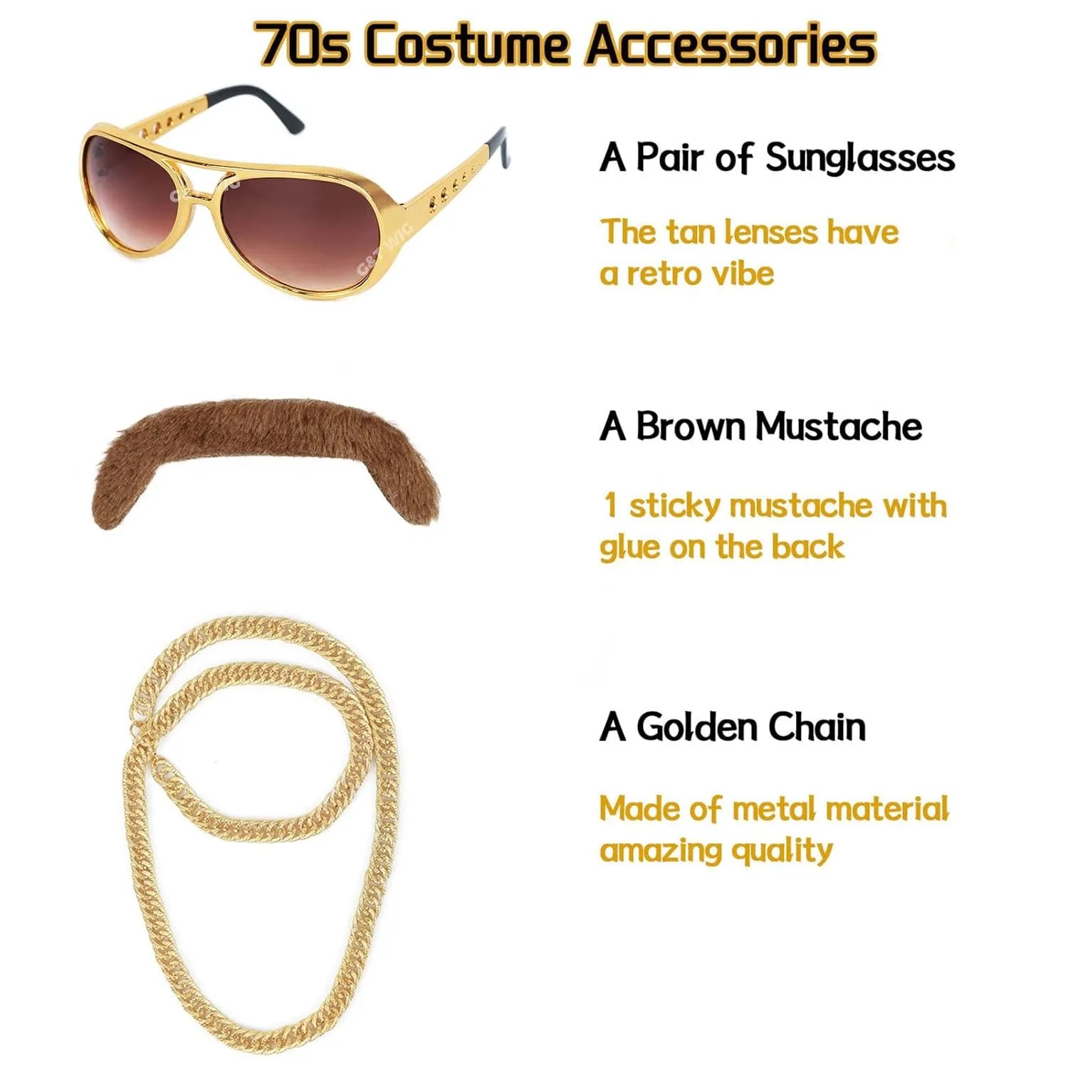 G&T Wig 70s Afro Wig for Men with Glasses Chain and Mustache Mens Costume Disco Wig Short Curly Natural Brown Hair Fluffy Synthetic Funny Wig for Party Halloween Hippies Rocker（Light Brown）