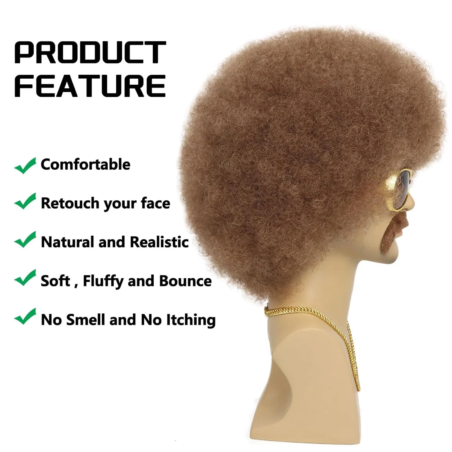 G&T Wig 70s Afro Wig for Men with Glasses Chain and Mustache Mens Costume Disco Wig Short Curly Natural Brown Hair Fluffy Synthetic Funny Wig for Party Halloween Hippies Rocker（Light Brown）