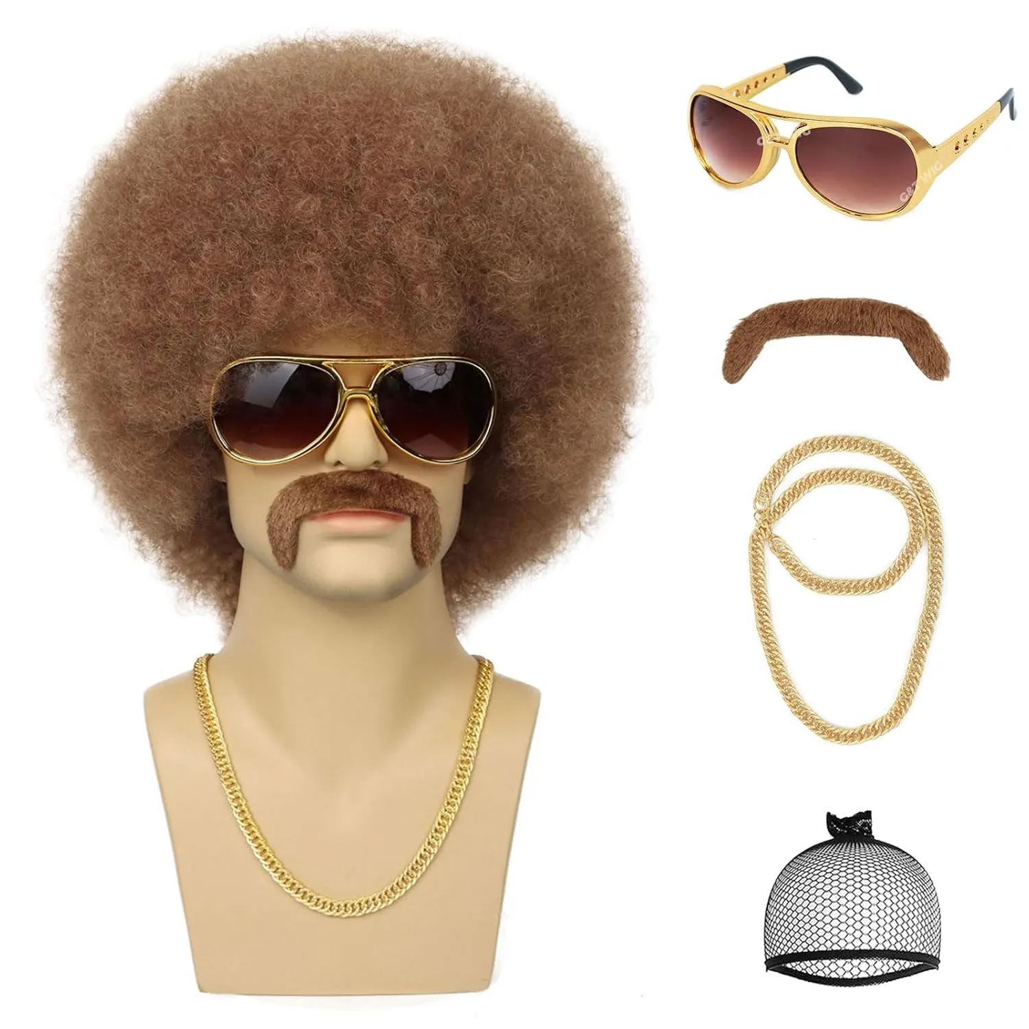 G&T Wig 70s Afro Wig for Men with Glasses Chain and Mustache Mens Costume Disco Wig Short Curly Natural Brown Hair Fluffy Synthetic Funny Wig for Party Halloween Hippies Rocker（Light Brown）