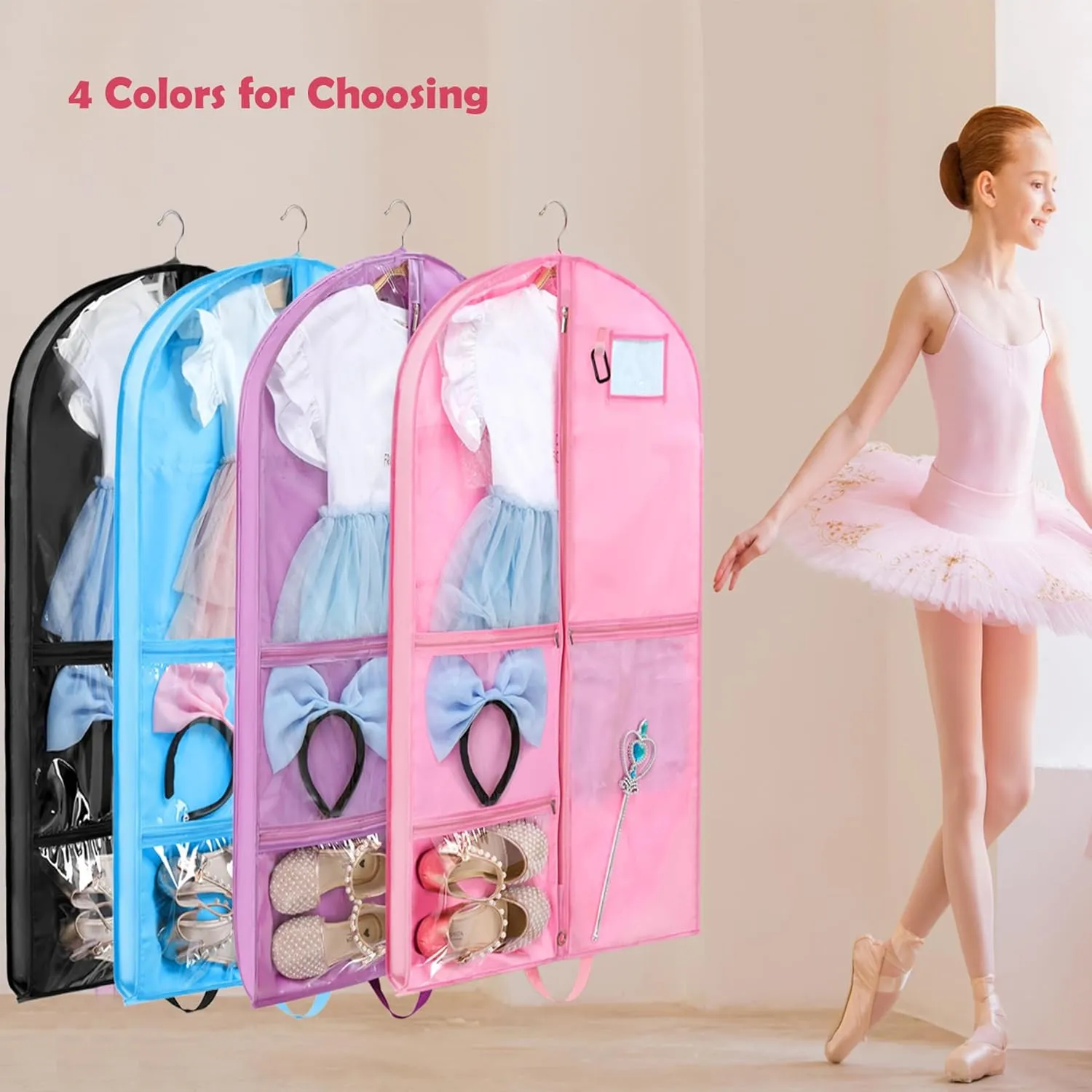 Garment Bag for Hanging Clothes, 40"Waterproof Dance Costume, Gusseted Kids Garment Bag with Zippered Pockets for Dance Costume Competition, Travel, Beauty Pageants, 2 pack Black