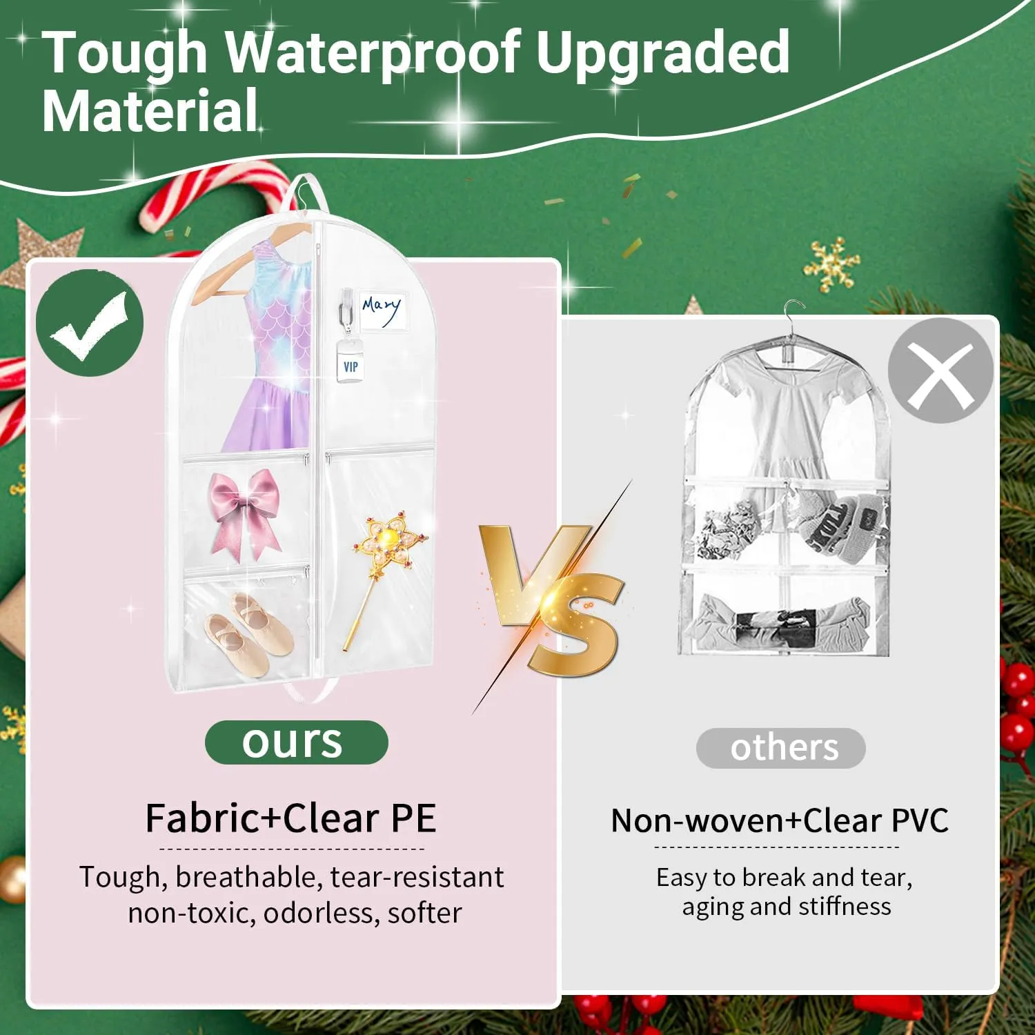 Garment Bags for Dance Costumes, 3 Pack Kids Cheer Uniform Garment Bag for Dancers, 40in Clear Waterproof Hanging Clothes Bag with 5 Large Pockets for Closet Travel Competitions Christmas Gifts