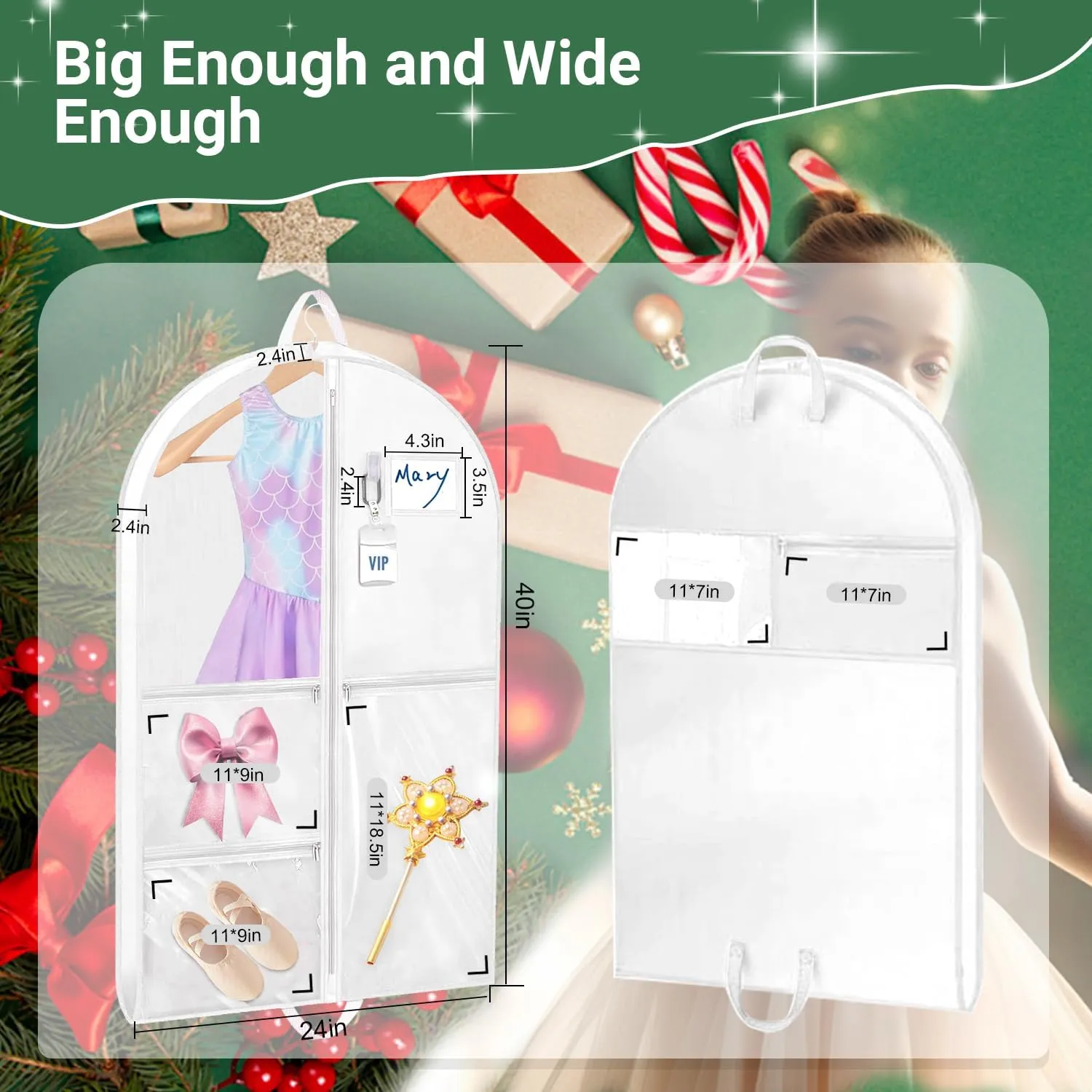 Garment Bags for Dance Costumes, 3 Pack Kids Cheer Uniform Garment Bag for Dancers, 40in Clear Waterproof Hanging Clothes Bag with 5 Large Pockets for Closet Travel Competitions Christmas Gifts