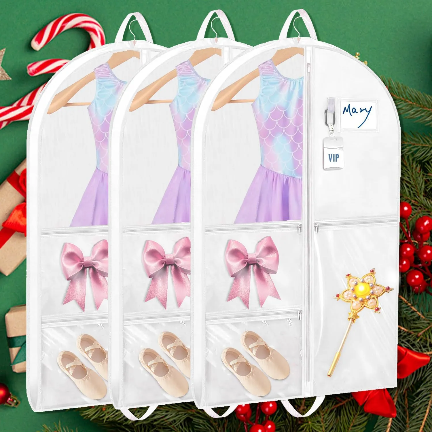 Garment Bags for Dance Costumes, 3 Pack Kids Cheer Uniform Garment Bag for Dancers, 40in Clear Waterproof Hanging Clothes Bag with 5 Large Pockets for Closet Travel Competitions Christmas Gifts
