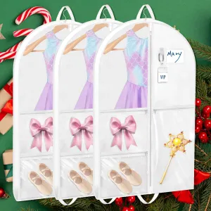 Garment Bags for Dance Costumes, 3 Pack Kids Cheer Uniform Garment Bag for Dancers, 40in Clear Waterproof Hanging Clothes Bag with 5 Large Pockets for Closet Travel Competitions Christmas Gifts