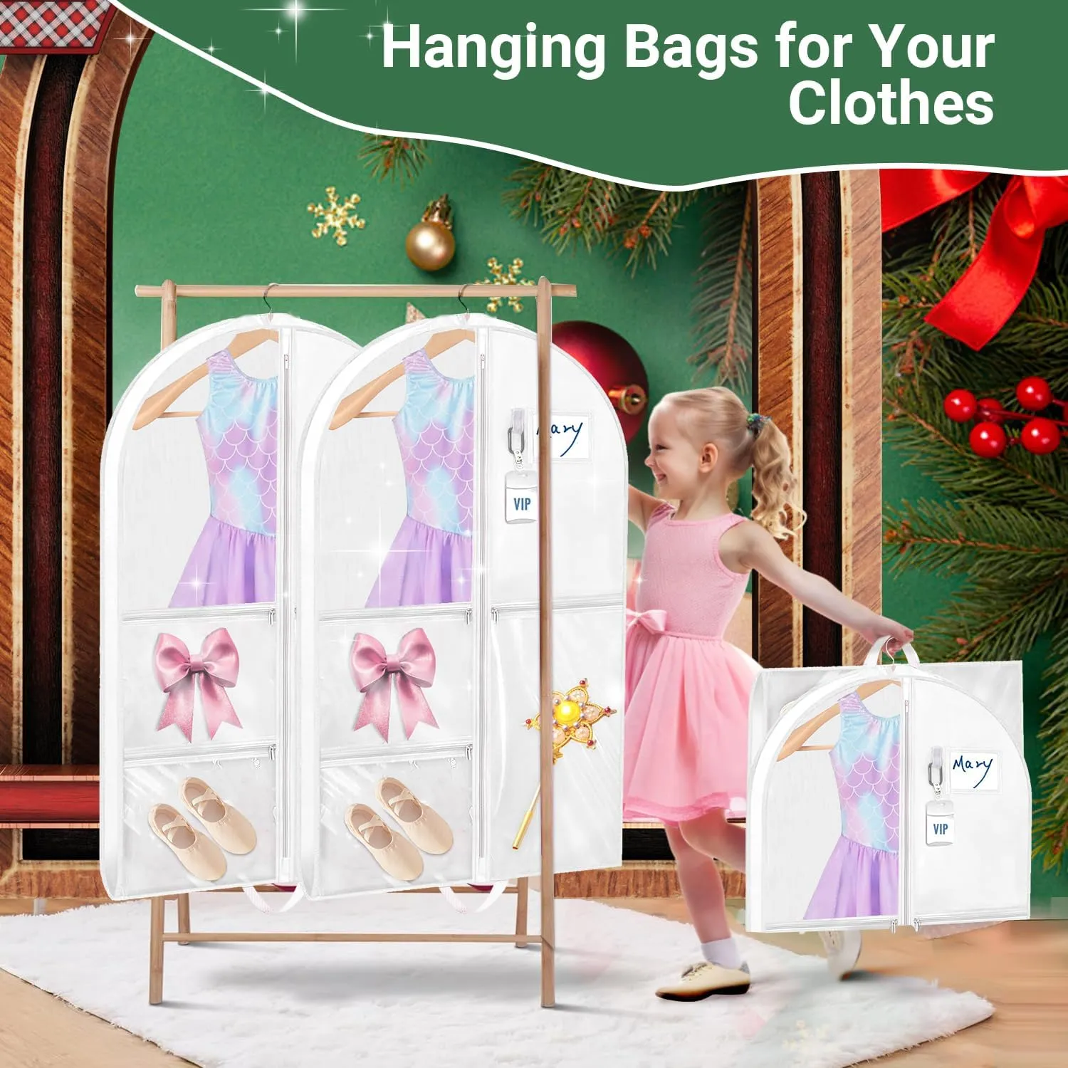 Garment Bags for Dance Costumes, 3 Pack Kids Cheer Uniform Garment Bag for Dancers, 40in Clear Waterproof Hanging Clothes Bag with 5 Large Pockets for Closet Travel Competitions Christmas Gifts