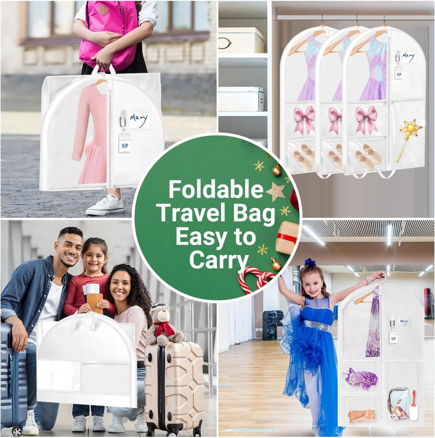 Garment Bags for Dance Costumes, 3 Pack Kids Cheer Uniform Garment Bag for Dancers, 40in Clear Waterproof Hanging Clothes Bag with 5 Large Pockets for Closet Travel Competitions Christmas Gifts