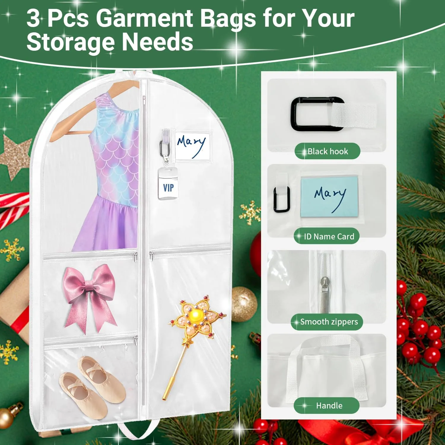 Garment Bags for Dance Costumes, 3 Pack Kids Cheer Uniform Garment Bag for Dancers, 40in Clear Waterproof Hanging Clothes Bag with 5 Large Pockets for Closet Travel Competitions Christmas Gifts
