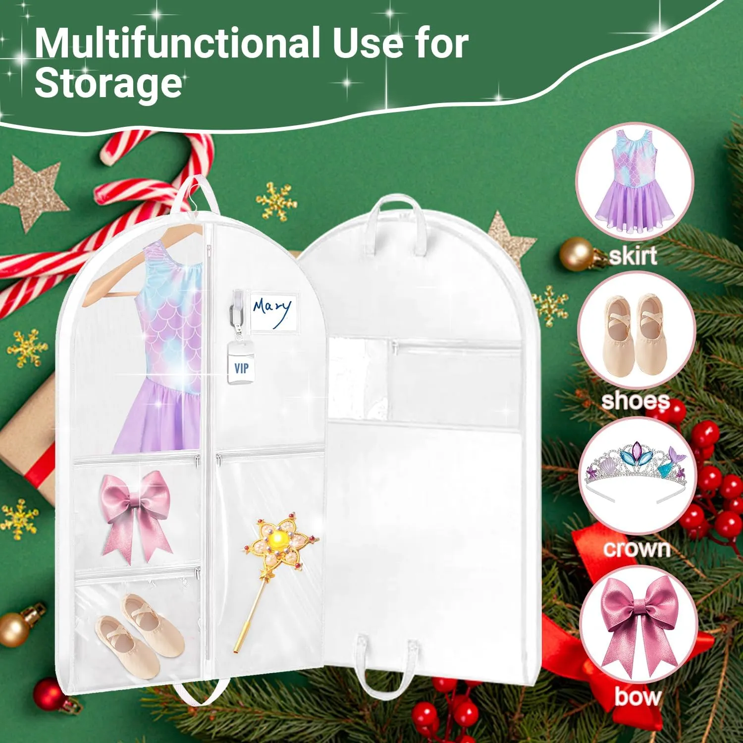Garment Bags for Dance Costumes, 3 Pack Kids Cheer Uniform Garment Bag for Dancers, 40in Clear Waterproof Hanging Clothes Bag with 5 Large Pockets for Closet Travel Competitions Christmas Gifts