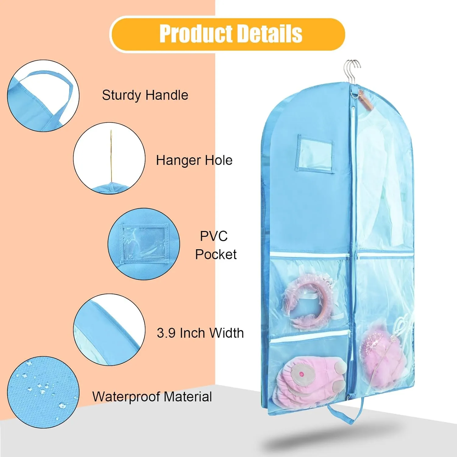Garment Bags for Travel,Fabric Garment Bag with Pockets,Non-Woven Clothes Dance Costumes Covers And Mens Suit Pocket,40x24x3 Inch Dress Carry Storage,Large Garments Coat Protector (Blue)