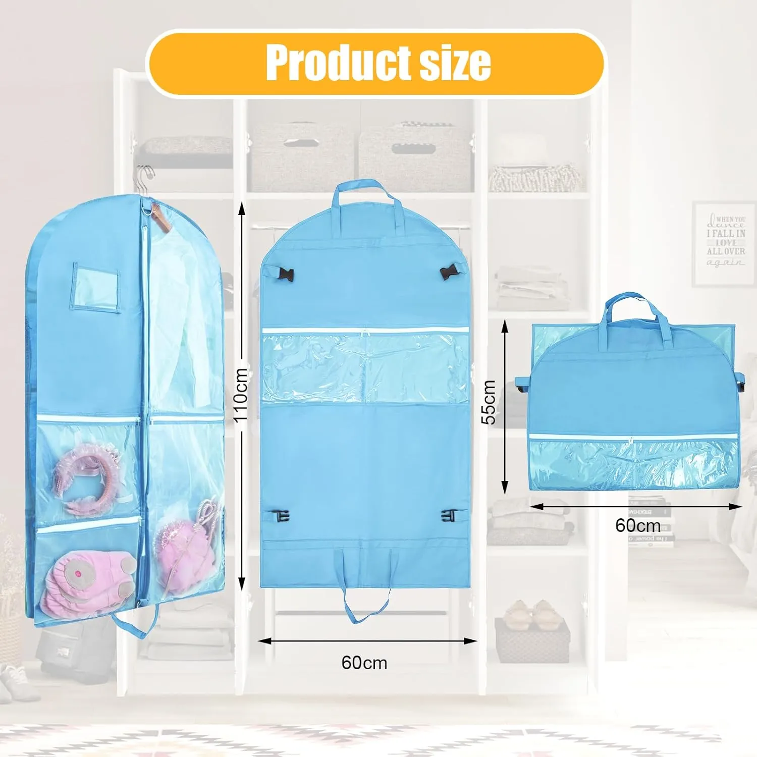 Garment Bags for Travel,Fabric Garment Bag with Pockets,Non-Woven Clothes Dance Costumes Covers And Mens Suit Pocket,40x24x3 Inch Dress Carry Storage,Large Garments Coat Protector (Blue)