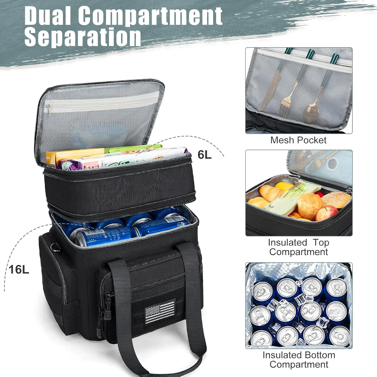 gelugee Insulated Lunch Bag for Men: Double Deck Expandable Tactical Lunch Box for Work Travel Daytrip Picnic Outdoor - Xlarge Leakproof Cooler Bag for Adults - Black 20L