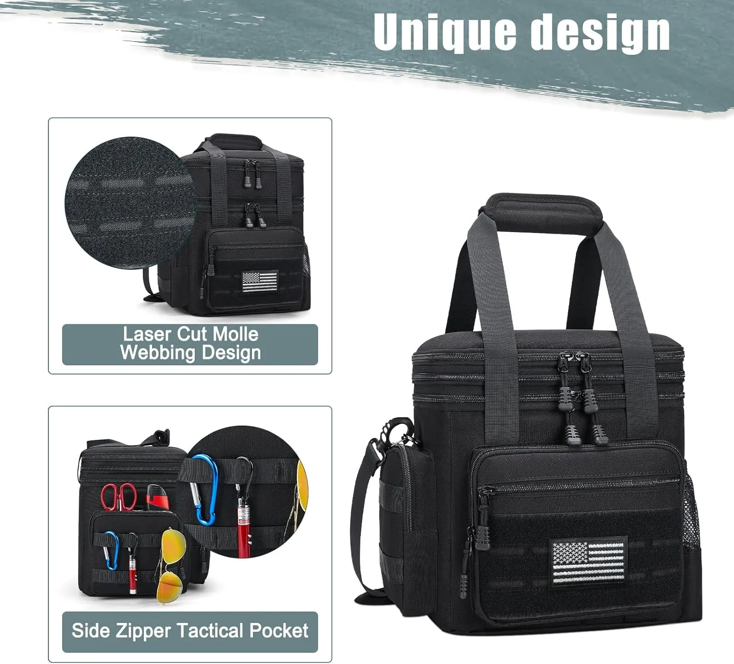 gelugee Insulated Lunch Bag for Men: Double Deck Expandable Tactical Lunch Box for Work Travel Daytrip Picnic Outdoor - Xlarge Leakproof Cooler Bag for Adults - Black 20L