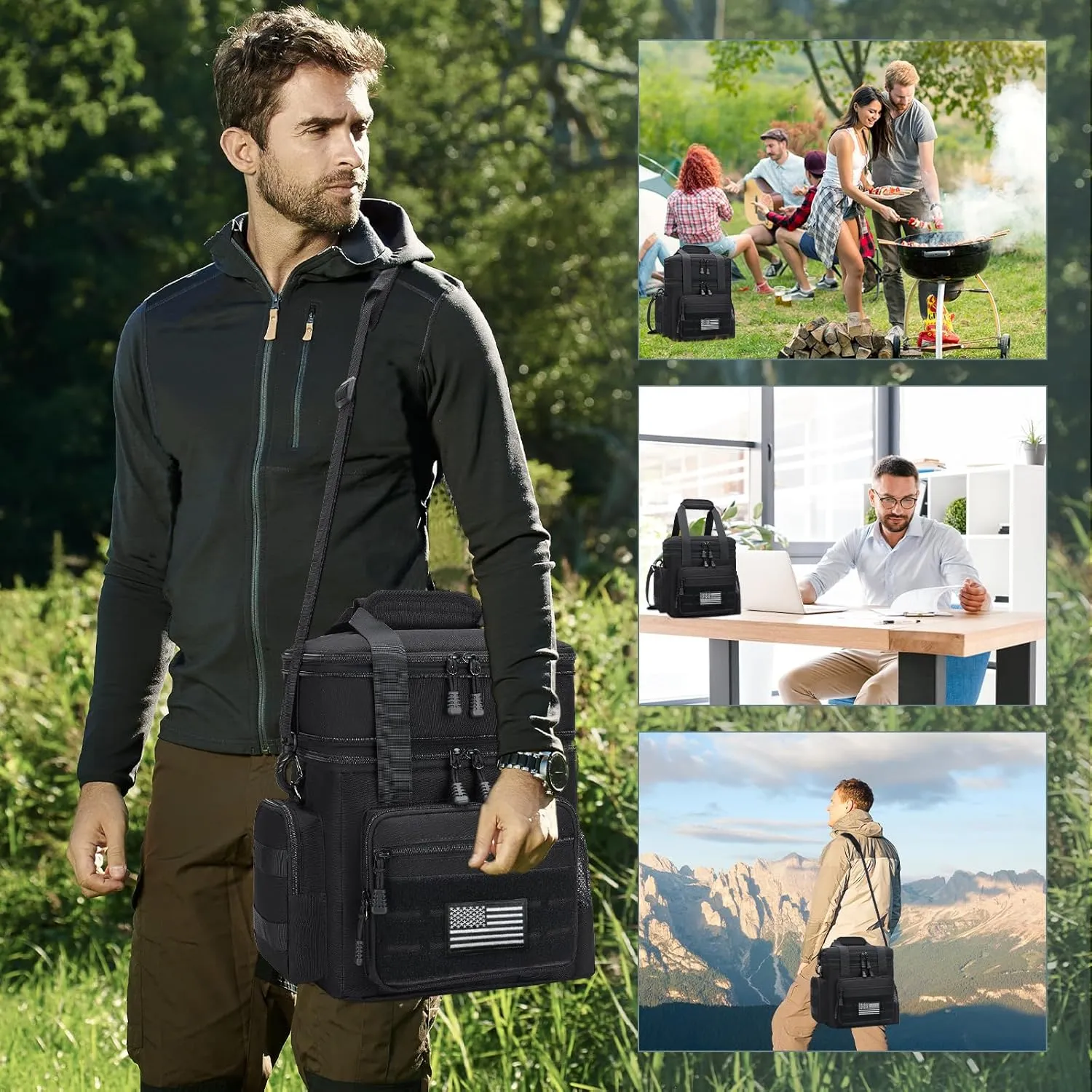 gelugee Insulated Lunch Bag for Men: Double Deck Expandable Tactical Lunch Box for Work Travel Daytrip Picnic Outdoor - Xlarge Leakproof Cooler Bag for Adults - Black 20L