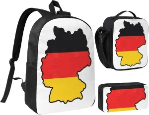 German Flag Map print 3PCS Backpack for Men Women Aesthetic 17 Inches Bookbag with Lunch Box Pencil Bag