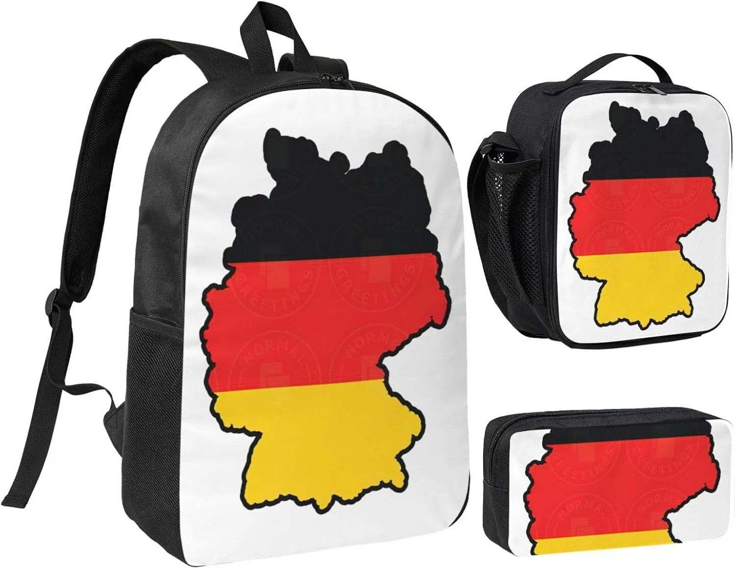 German Flag Map print 3PCS Backpack for Men Women Aesthetic 17 Inches Bookbag with Lunch Box Pencil Bag