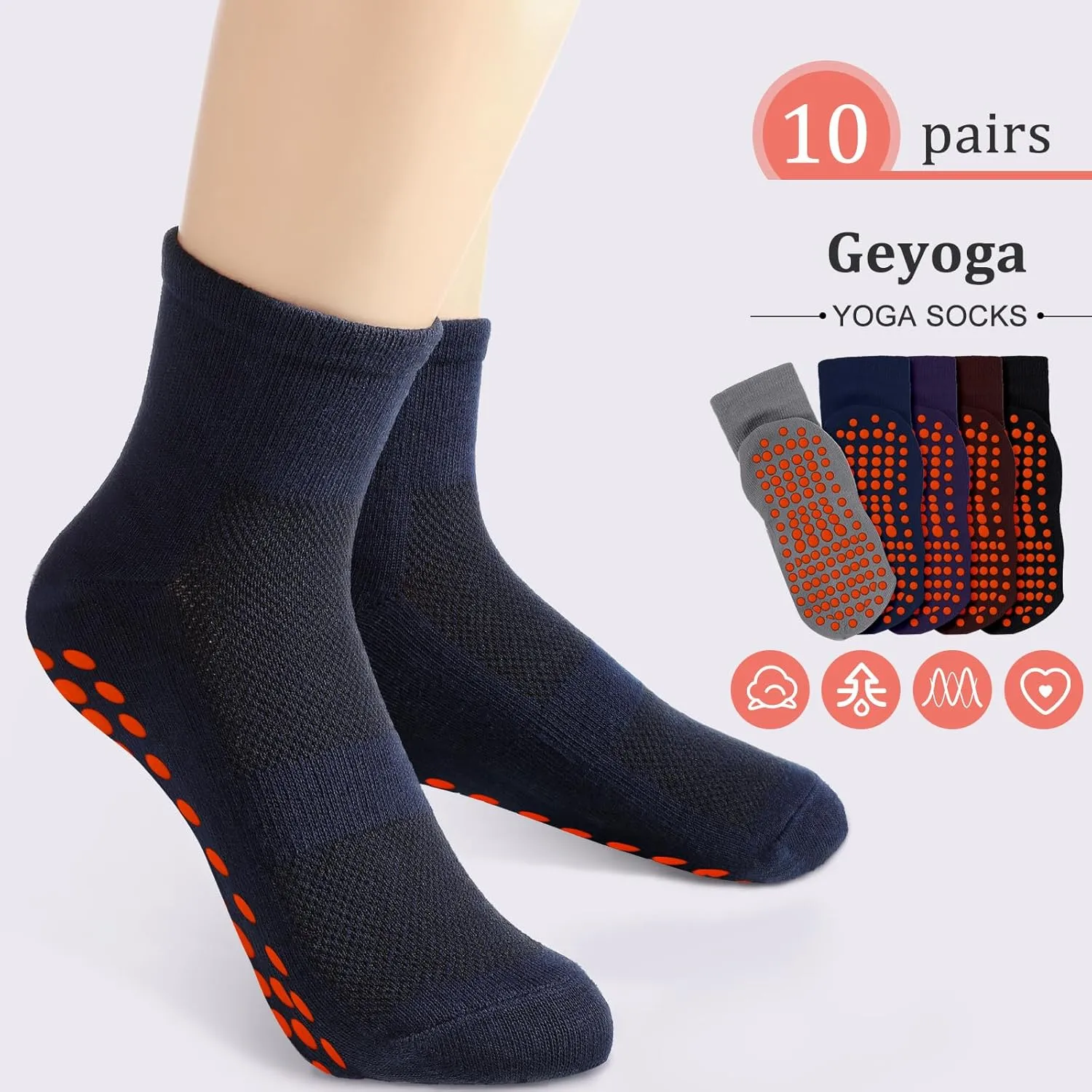 Geyoga 10 Pairs Non Slip Yoga Socks Anti Skid Sticky Grippers Hospital Slipper Socks for Men Women Pilates Ballet Barre