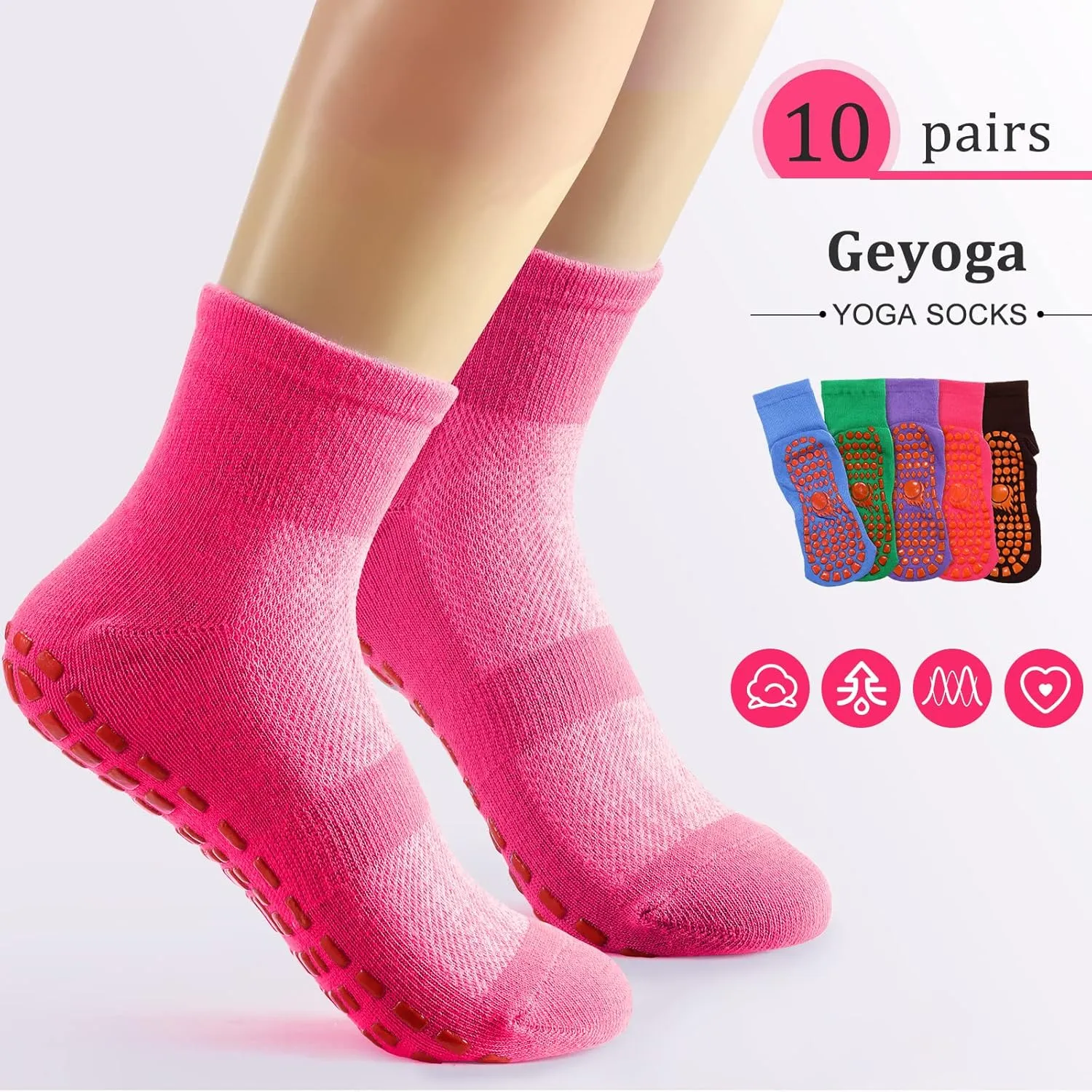 Geyoga 10 Pairs Non Slip Yoga Socks Anti Skid Sticky Grippers Socks Hospital Slipper Socks for Men Women Pilates Ballet Barre