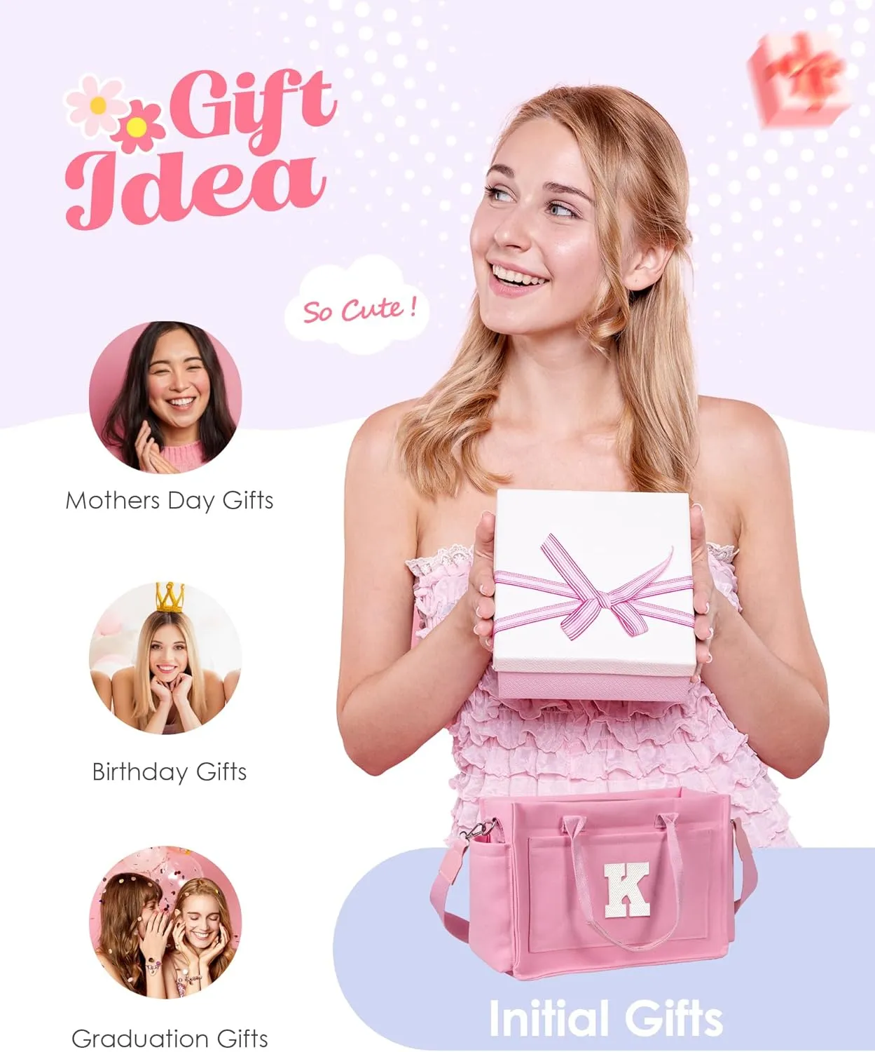 Gifts for Teen Girls Women, Initial Canvas Tote Bag with Zipper for College, Work, Teen Girl Gifts Trendy Stuff