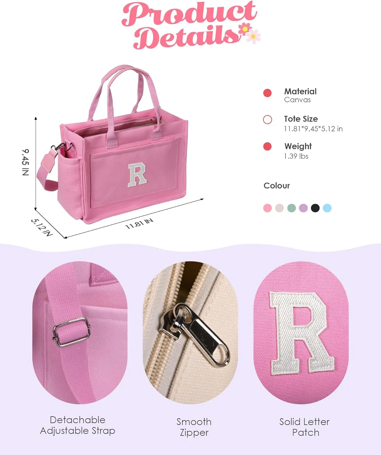 Gifts for Teen Girls Women, Initial Canvas Tote Bag with Zipper for College, Work, Teen Girl Gifts Trendy Stuff