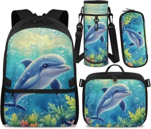 Girl Backpacks Ages 6-8 Dolphin Backpack for Girls with Matching Lunch Box Large Capacity School Bag Set 17 Inch 4-in-1 Bookbag Pencil Case for 1st 2nd Grade Elementary School Essentials