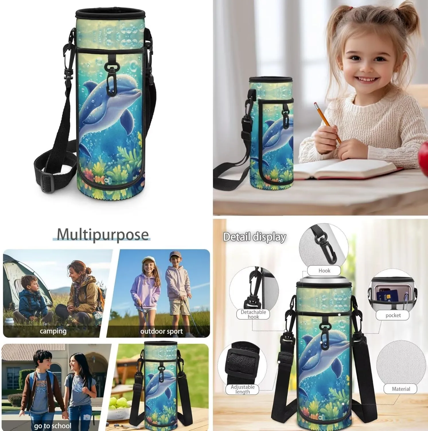 Girl Backpacks Ages 6-8 Dolphin Backpack for Girls with Matching Lunch Box Large Capacity School Bag Set 17 Inch 4-in-1 Bookbag Pencil Case for 1st 2nd Grade Elementary School Essentials
