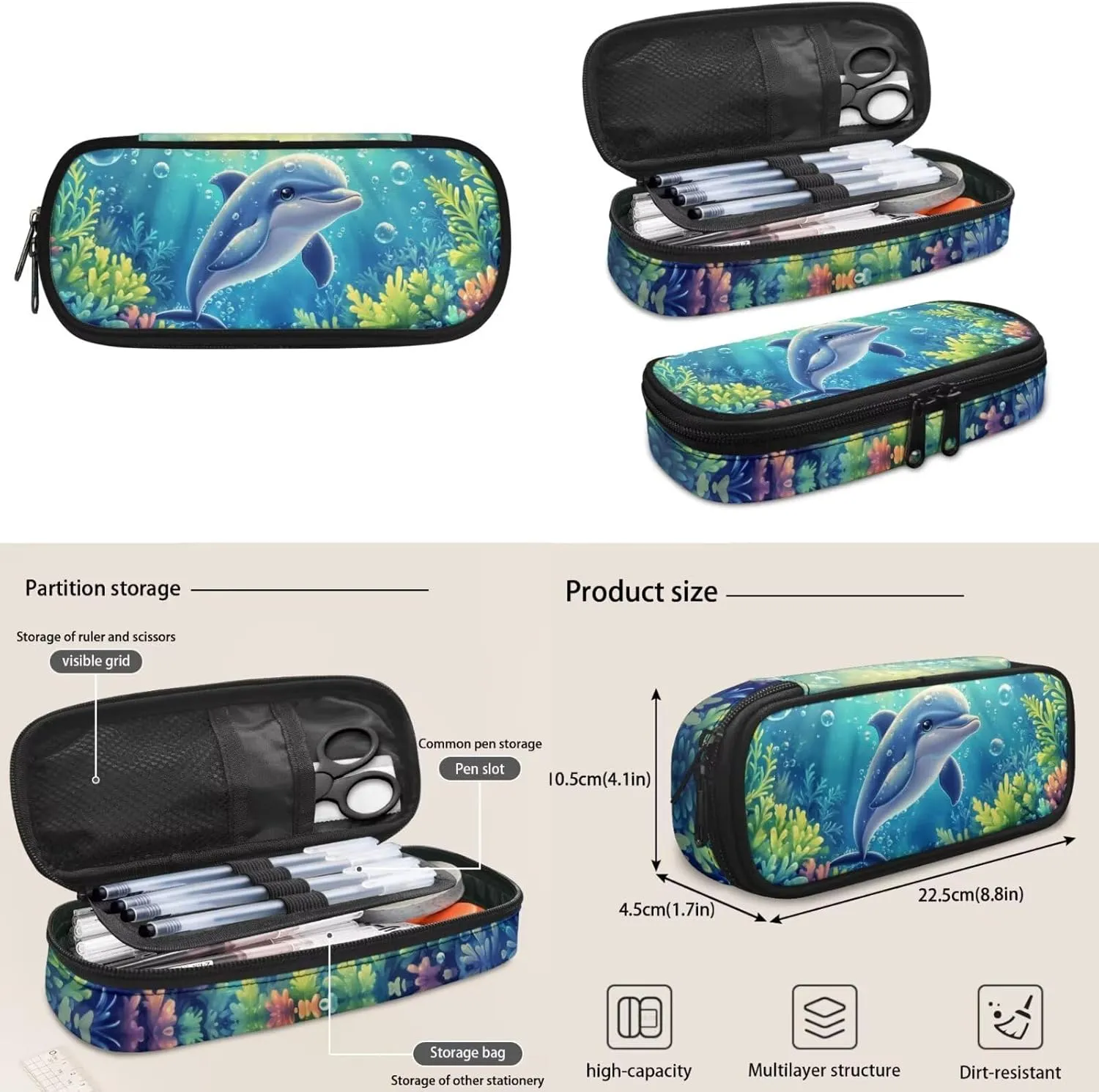 Girl Backpacks Ages 6-8 Dolphin Backpack for Girls with Matching Lunch Box Large Capacity School Bag Set 17 Inch 4-in-1 Bookbag Pencil Case for 1st 2nd Grade Elementary School Essentials