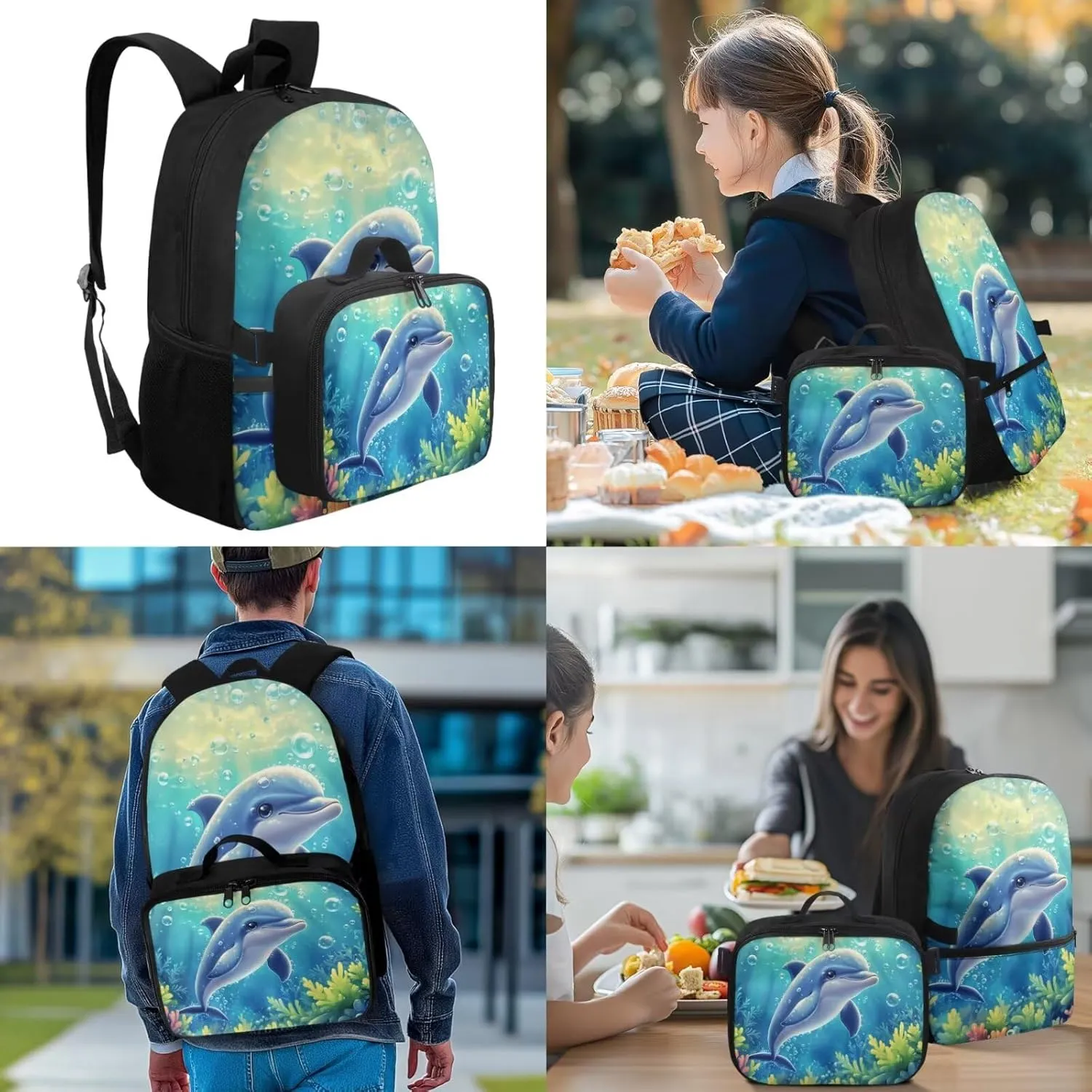 Girl Backpacks Ages 6-8 Dolphin Backpack for Girls with Matching Lunch Box Large Capacity School Bag Set 17 Inch 4-in-1 Bookbag Pencil Case for 1st 2nd Grade Elementary School Essentials