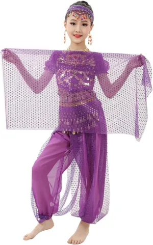 Girls 3-Piece Egyptian Dance Costume: Beaded Top Chiffon Pants Waist Chain for Festivals & Performances