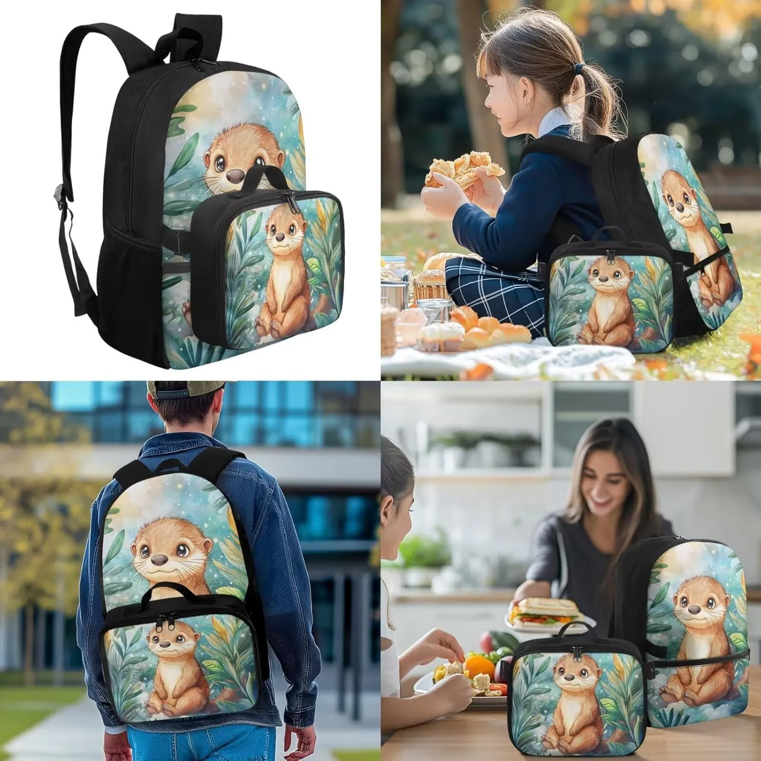 Girls Backpack 10-12 Years Old Girl Backpack and Lunch Box Set Cute Otter Bookbag for Girl Elementary KindergartenLightweight Kawaii 4 in 1 Set Kids Back Pack Travel Knapsack Daypack