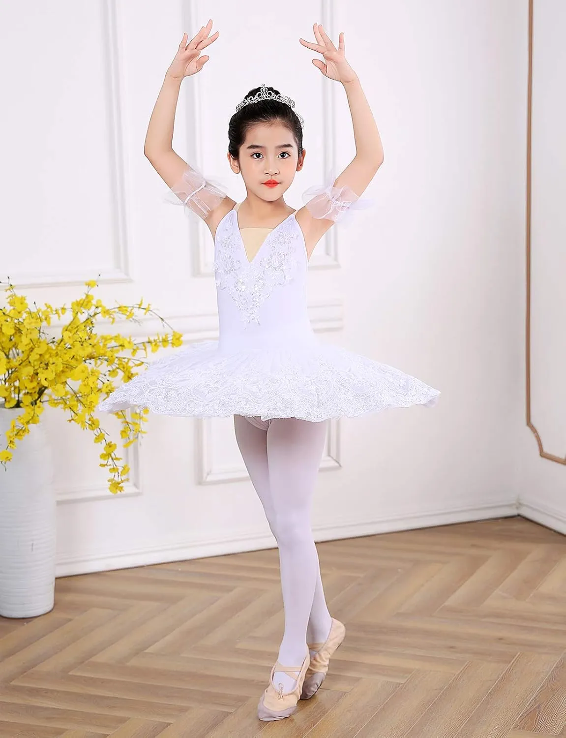 Girl's Camisole Skirted Leotard Ballet Lace Sequin Tutu Swan Costumes Competition Skirt Dress