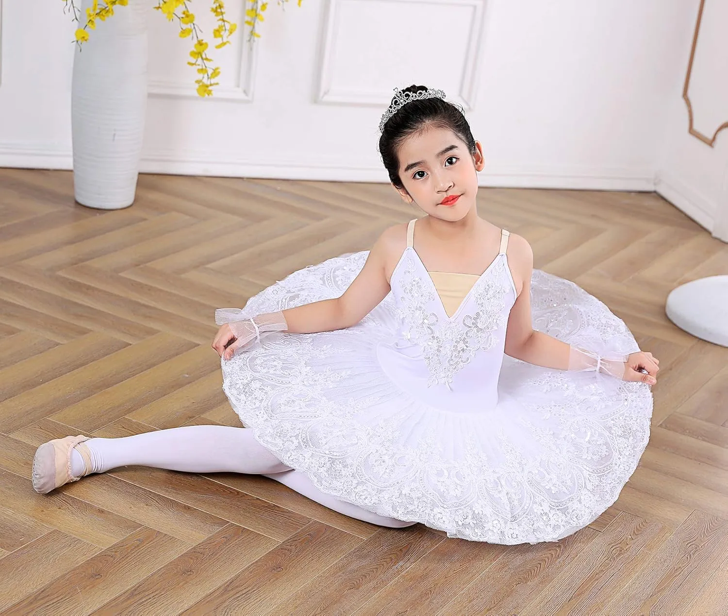 Girl's Camisole Skirted Leotard Ballet Lace Sequin Tutu Swan Costumes Competition Skirt Dress