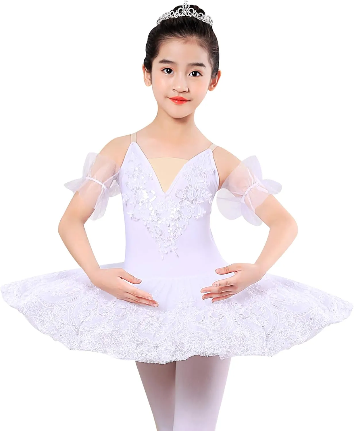 Girl's Camisole Skirted Leotard Ballet Lace Sequin Tutu Swan Costumes Competition Skirt Dress