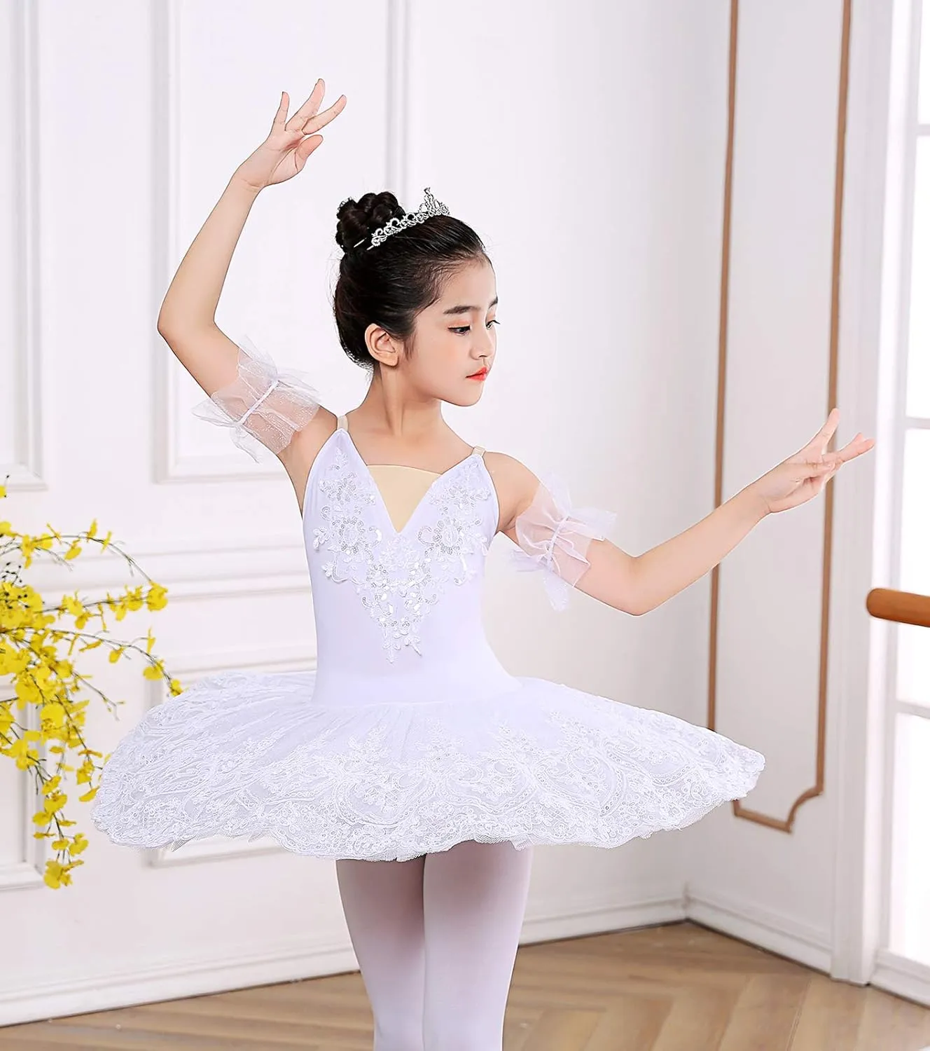 Girl's Camisole Skirted Leotard Ballet Lace Sequin Tutu Swan Costumes Competition Skirt Dress