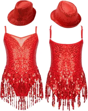 Girls Dance Costume Girls Sleeveless Leotard with Hat Sets for Jazz Latin Dance Stage Performance Wear