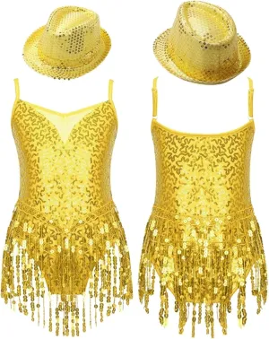 Girls Dance Costume Girls Sleeveless Leotard with Hat Sets for Jazz Latin Dance Stage Performance Wear