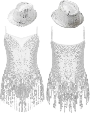 Girls Dance Costume Girls Sleeveless Leotard with Hat Sets for Jazz Latin Dance Stage Performance Wear
