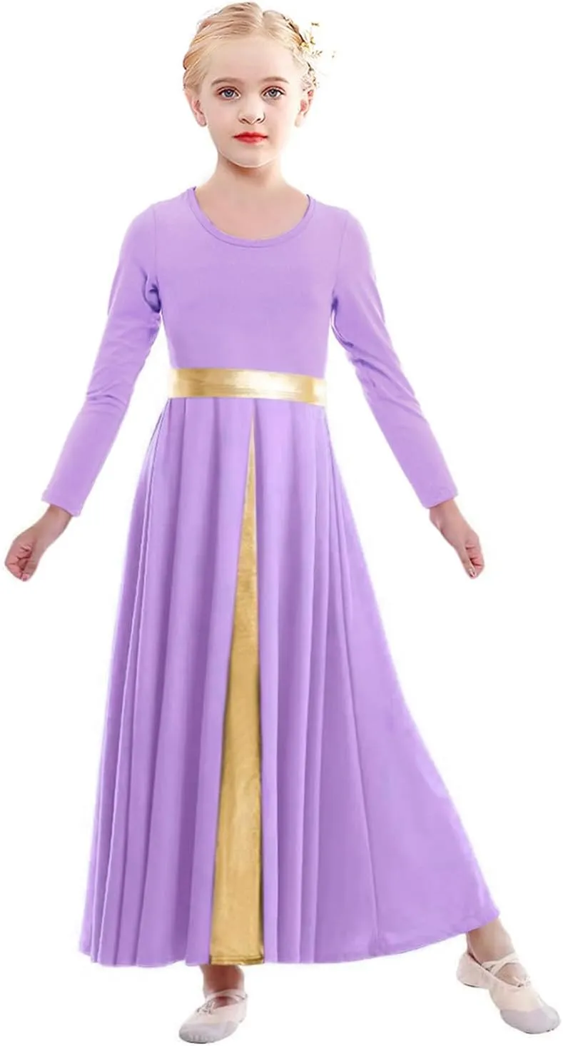 Girls Long Sleeve Praise Dance Dress Swing Skirt Liturgical Worship Costume Church Robe Dancewear