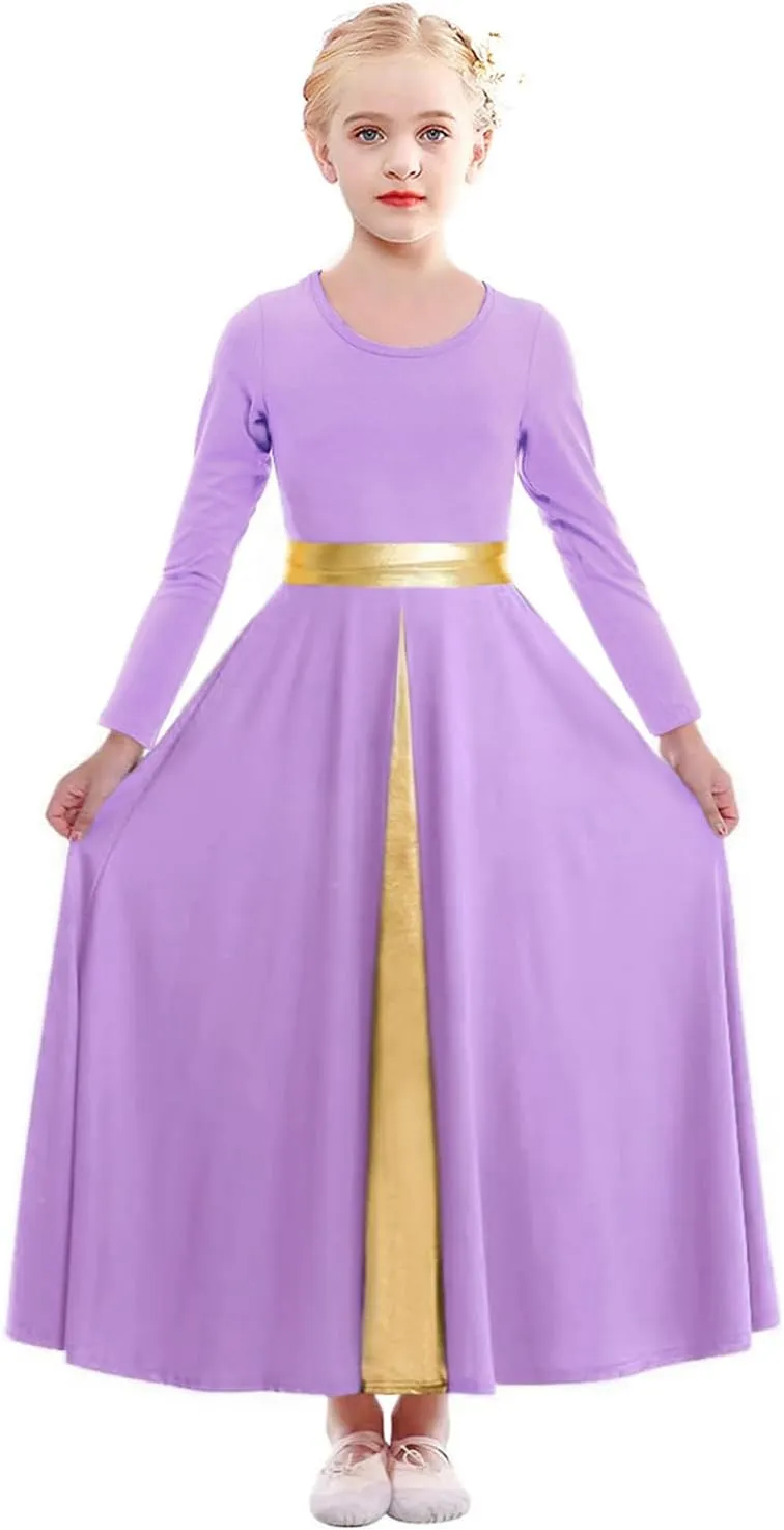 Girls Long Sleeve Praise Dance Dress Swing Skirt Liturgical Worship Costume Church Robe Dancewear