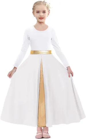 Girls Long Sleeve Praise Dance Dress Swing Skirt Liturgical Worship Costume Church Robe Dancewear