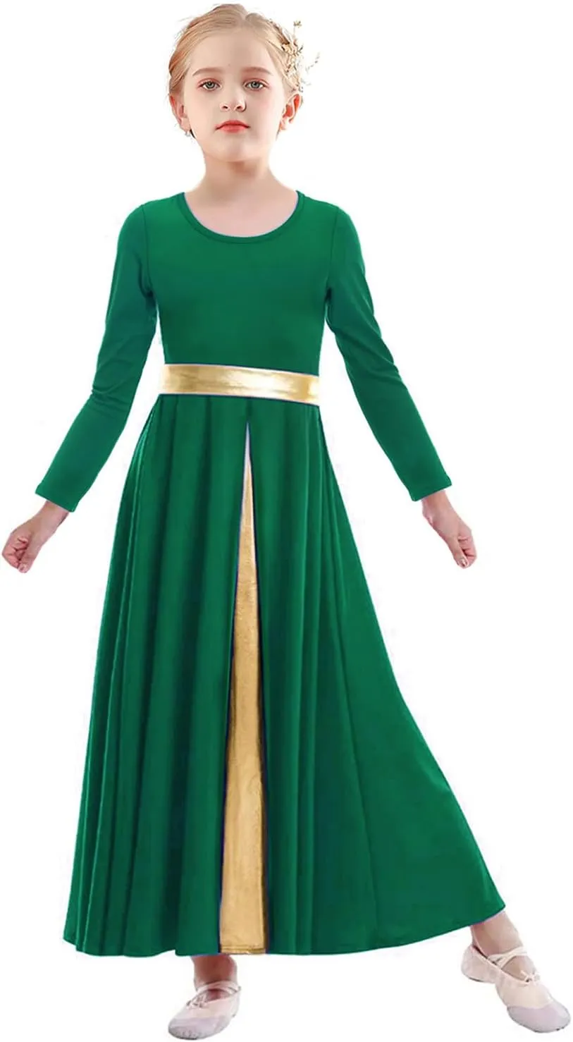 Girls Long Sleeve Praise Dance Dress Swing Skirt Liturgical Worship Costume Church Robe Dancewear