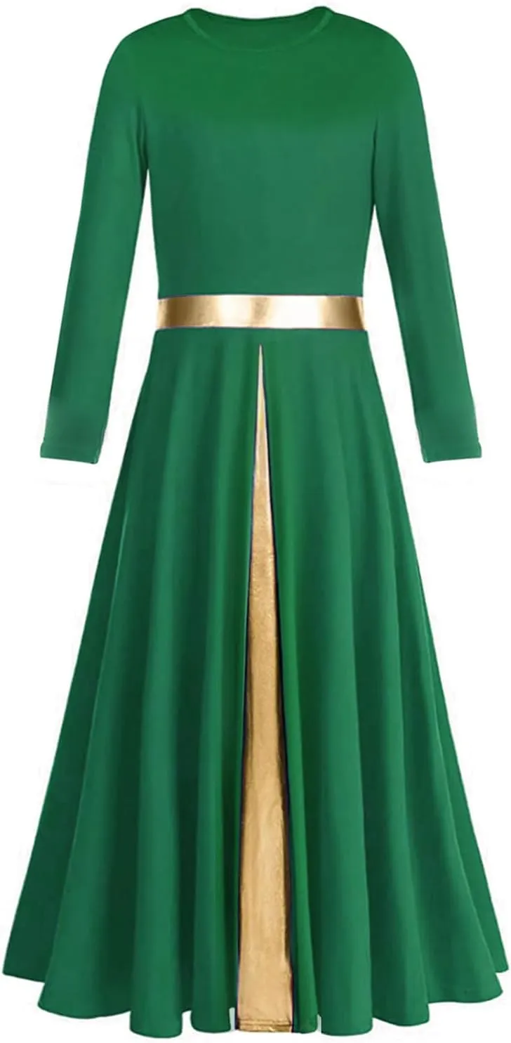 Girls Long Sleeve Praise Dance Dress Swing Skirt Liturgical Worship Costume Church Robe Dancewear