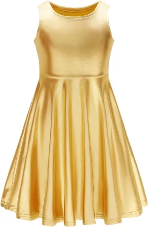 Girls Metallic Dress Kids Sparkly Shiny Dresses Twirl Swing Dresses