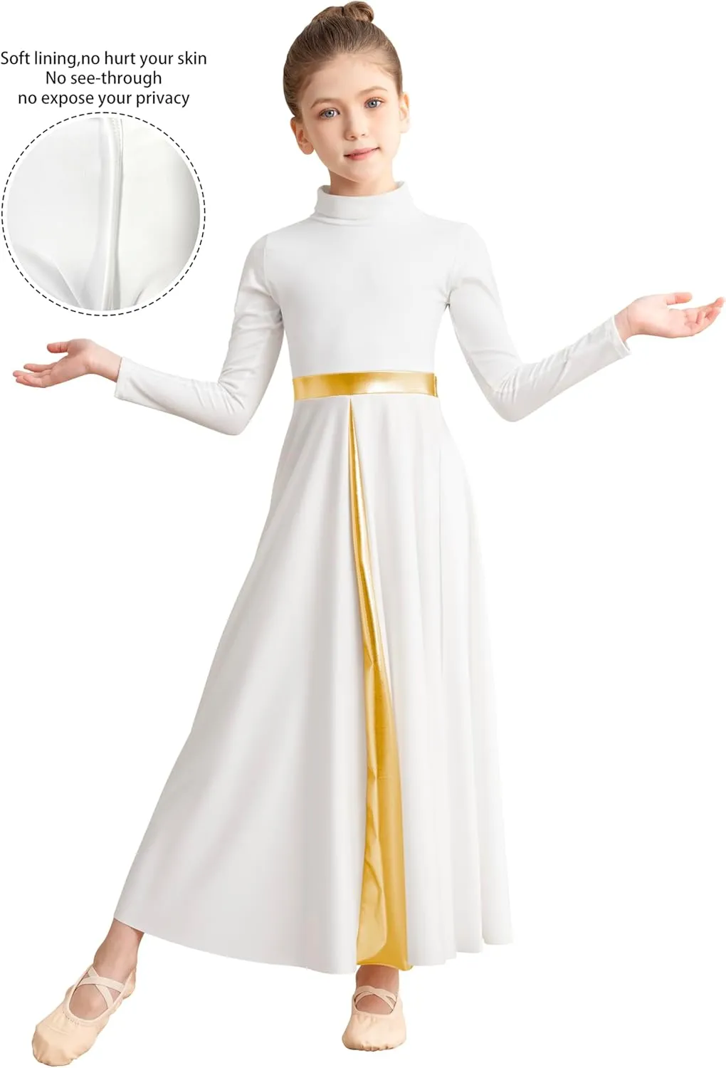 Girls Praise Dance Dress Long Sleeve Worship Church Dancewear Liturgical High Neck Costume,Upper Lining