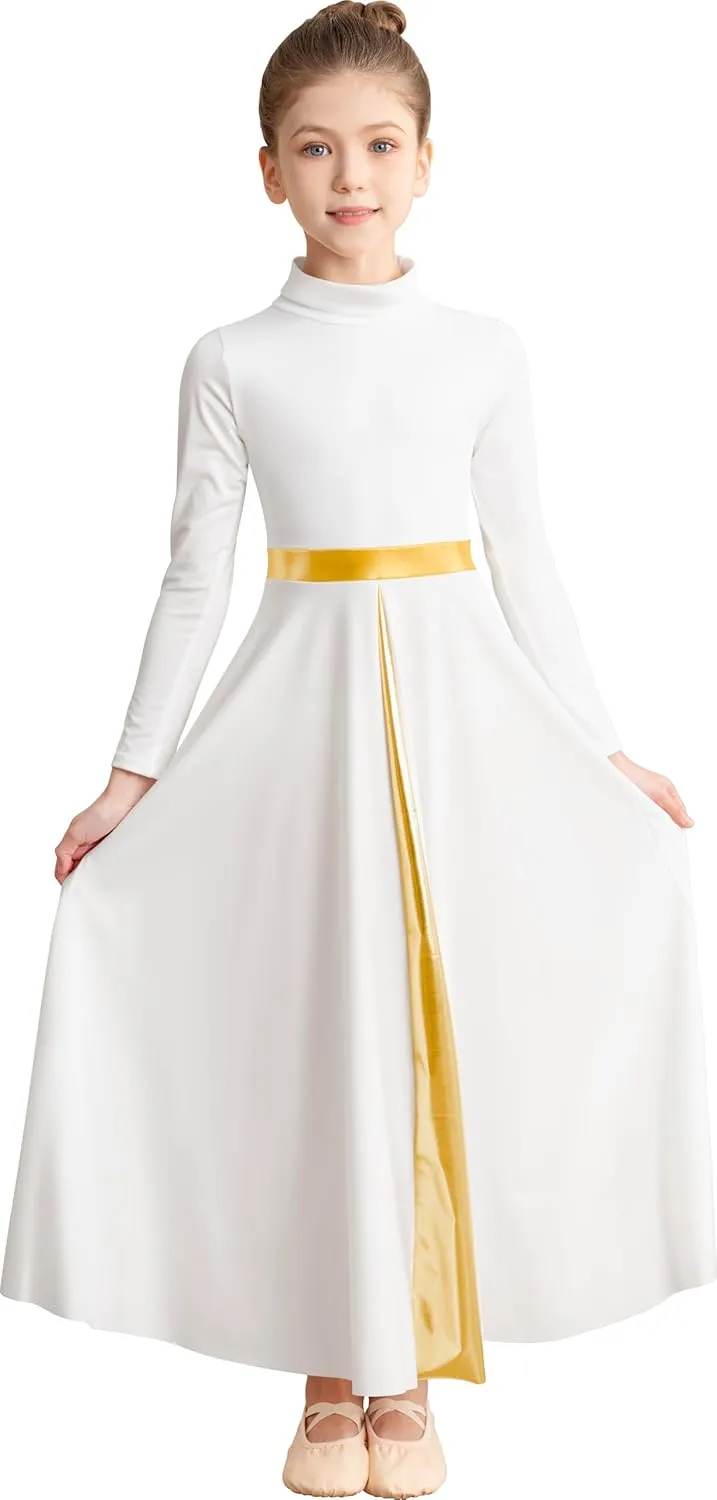Girls Praise Dance Dress Long Sleeve Worship Church Dancewear Liturgical High Neck Costume,Upper Lining