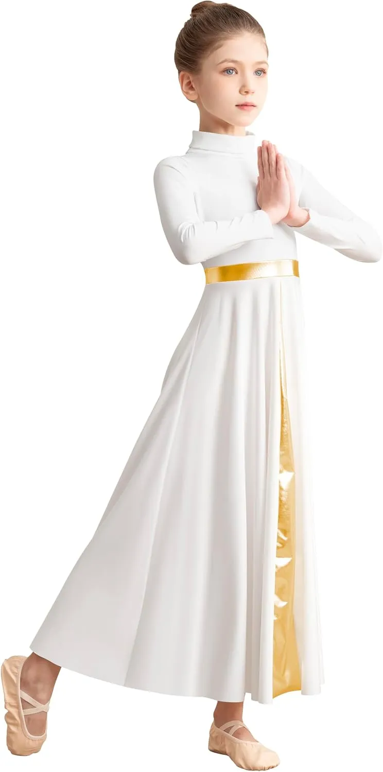 Girls Praise Dance Dress Long Sleeve Worship Church Dancewear Liturgical High Neck Costume,Upper Lining